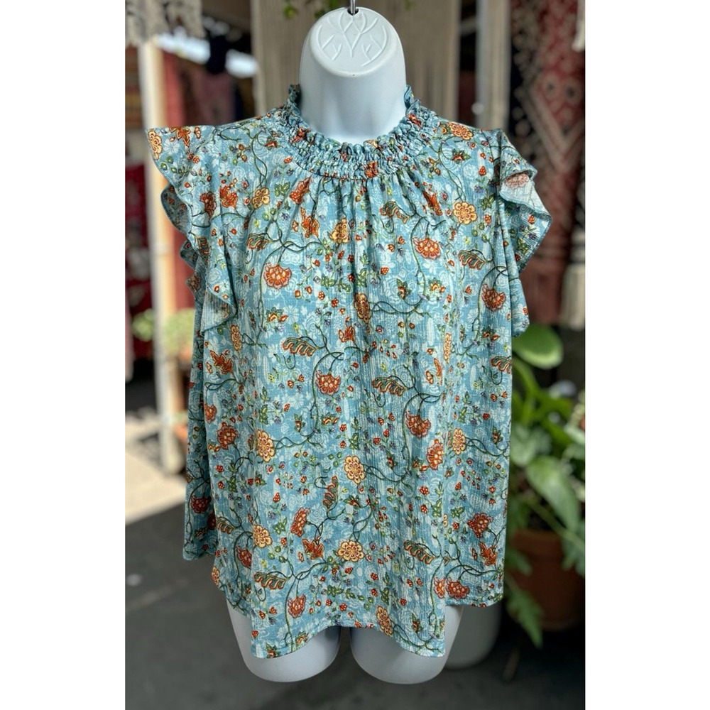Melloday Blue Floral Blouse Sz M Smocked Boho Top Flutter Short Sleeve